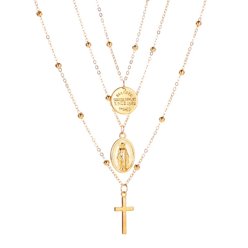 

Fashion Multi-layer Cross Necklace Metal Three-layer Letter Christian Jesus Pendant Faith Jewelry 2020 Glamour Jewelry
