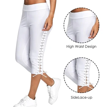 

2020 Lace Up Capri Leggings Casual High Waist Female Side Bandage Female Leggings Female Bottoms Trouser Solid White Black