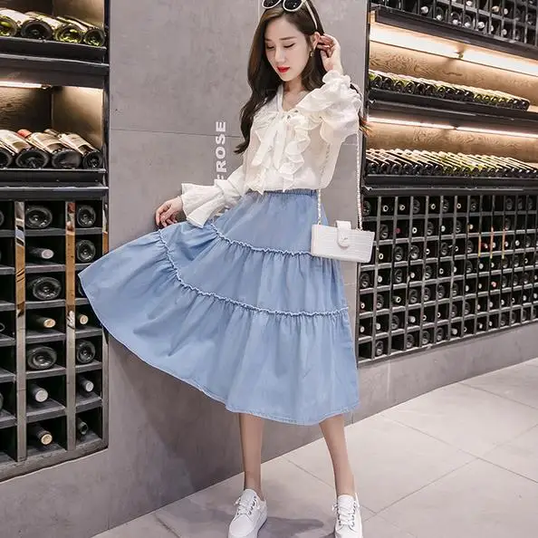 Light Blue Denim Skirts Korean Fashion Women High Waist Long Jeans Skirts  Solid Color S XXXL Midi Saia AE589|Skirts| - AliExpress
