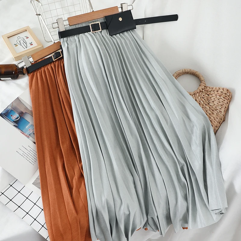 

L618 lazy wind casual simple 2019 early autumn new small fresh high waist slim pleated mid-length skirt