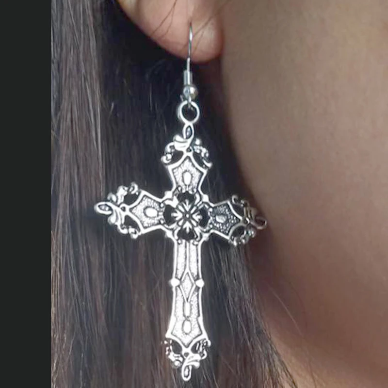 Big Cross Dangle Drop Earrings For Women Korean Trend Punk Goth Gothic Vintage Statement Fashion Jewelry Steampunk Accessories