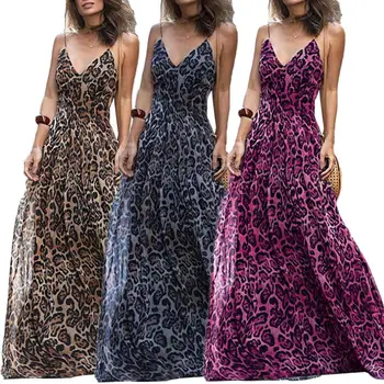 

Newest Beach Party Sexy Women Lady Spaghetti Strap V Neck Leopard Print Maxi Long Dress