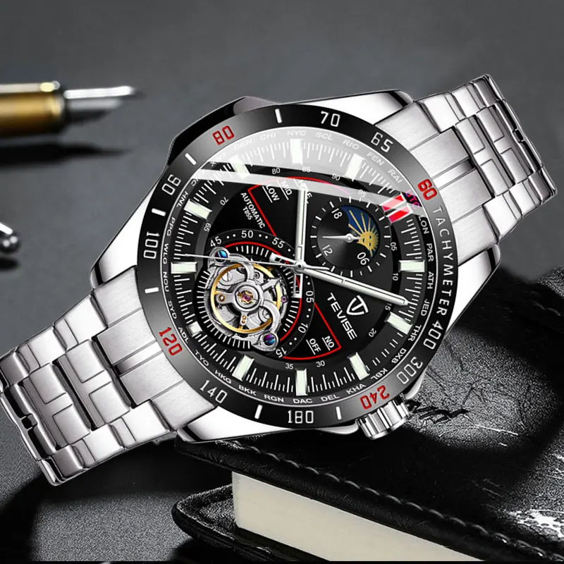 Tevise брендовые Модные Мужские автоматические механические часы для мужчин Trourbillon Moon phase водонепроницаемые спортивные часы Relogio Masculino