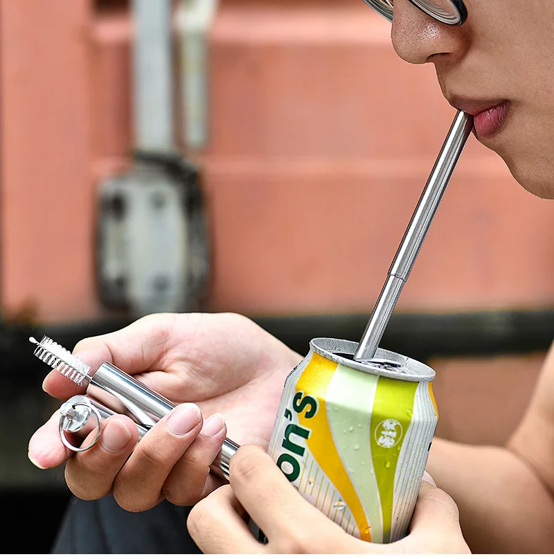 Straw Kitchen Tools Stainless Steel 304 Food Grade Outdoor Portable Reusable Folding Telescopic Straw With Cleaning Brush