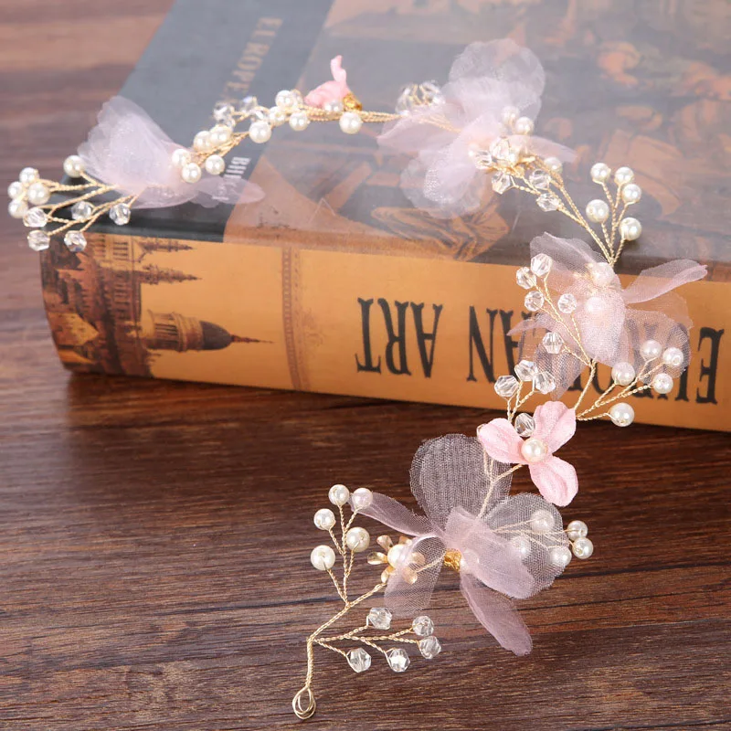 Hair Accessory Hair Headdress Bridal Headwear Hair Band Crown Bridal Hair Accessories Wedding Women Pearl Hairband Fairy Pink Wreath Girl Head Flower Crown Golden Wire for Female Decoration