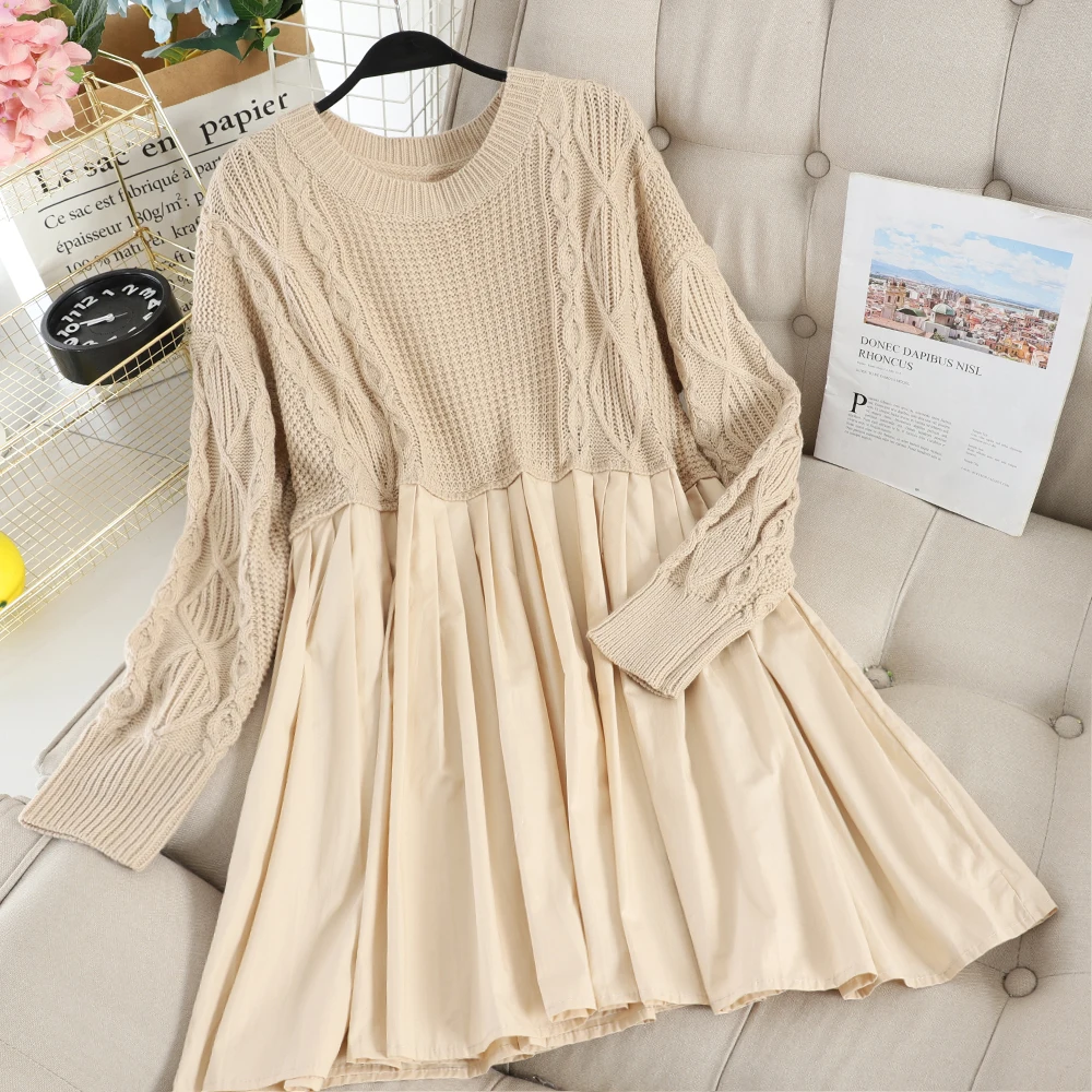 SINGRAIN Large Size Women Knitted Dress Winter Casual A-Line Warm Thick College Style Dresses Long Sleeves Korean Pleated |