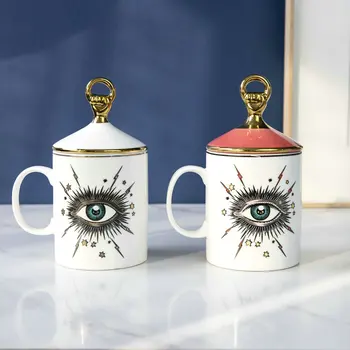 

Starry Celestial Eye Mug with Gold Cover Eyeball Weird Mystic Coffee Mug with Lid Milk Cup Ceramic Double Face Tumbler 2020 New