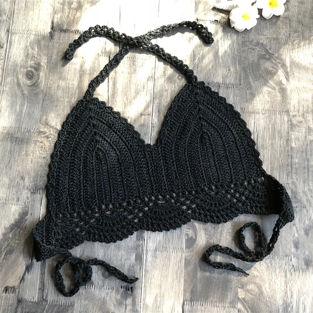 2020 Knitted Bikini Tops Handmade Crochet Women Boho Beach Bralette Solid Halter Swimsuit Brazilian Bikinis Bathing Suits Tops 6