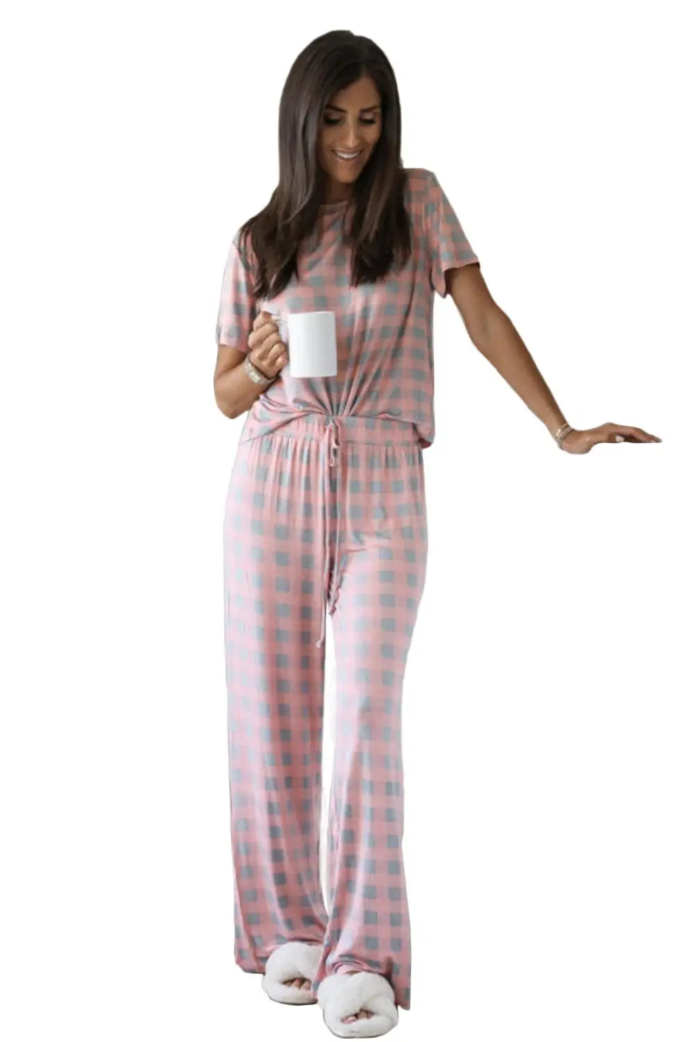 

Plus Size Cotton Pajamas Sets for Women Short Sleeve PyjamaPlaid Long Pants Loungewear Homewear Home Clothing