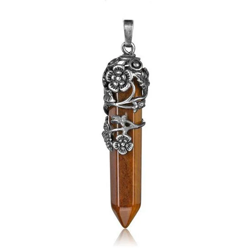 KFT Antique Silver Plated Natural Healing Crystal Quartz Stone Flower Wrapped Hexagon Prism Pendulum Reiki Pendant Jewelry - Image 5