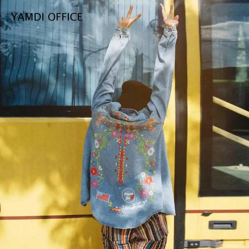 

Blue jacket vintage hippie boho vintage embroidery women long sleeves tops fashion denim clothing denim chic shirt basic jacket