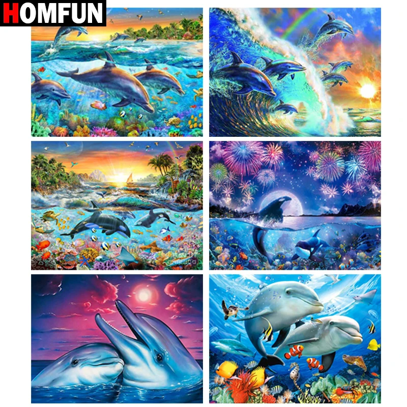 HOMFUN Diamond Painting Full Square/Round Drill 5D DIY "Dolphin ocean