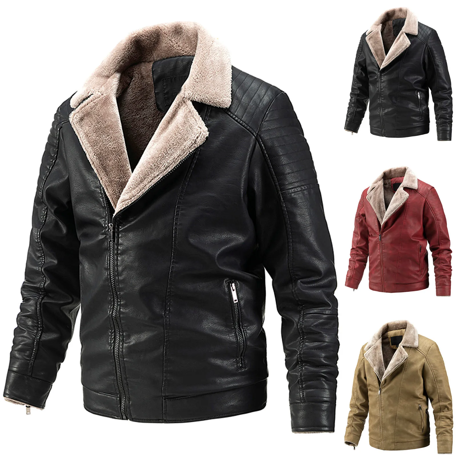 Мужская кожаная куртка осенне-зимняя теплая мотоциклетная на флисе с лацканами и