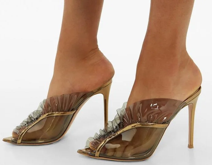 

New Woman Cheap Gold Gray Patchwork Transparent PVC Open Toe Slip On Ruffles Sandals Stiletto Heels Party Slippers Sandals Shoes