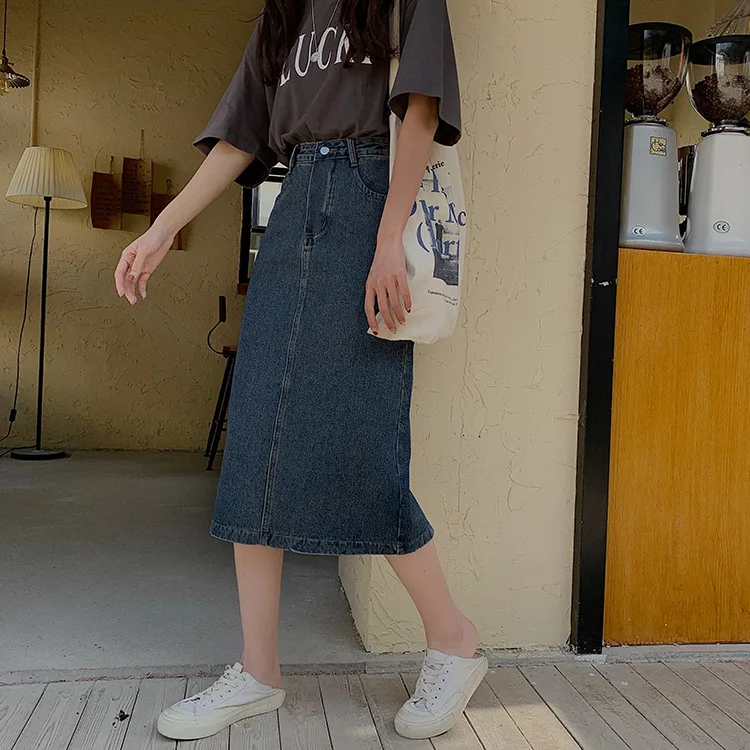 2021 spring and summer Korean version of retro nostalgic denim skirt female high waist button adjustable split mid-length skirt доставка