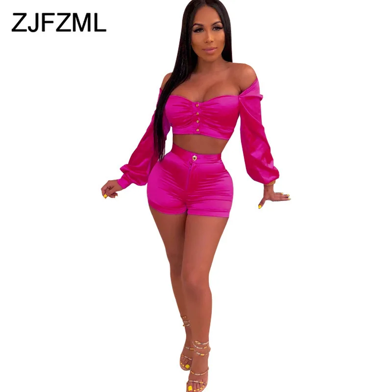 

Rose Sexy 2 Piece Sets Womens Outfits Off Shoulder Open Back Button Long Sleeve Crop Tops and Biker Shorts Ladies Tracksuits