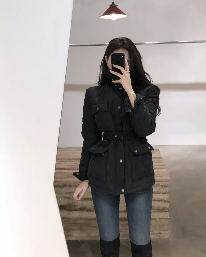 SHENGPALAE Chic High Quality Grid Self-cultivation System Belt Design Jacket Cotton Short Fund Korean Loose Coat Woman FV427