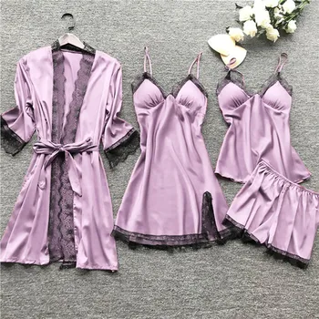 

Plus Size 3XL 2019 Women Pajamas Sets Satin Sleepwear Silk 4 Pieces Nightwear Pyjama Spaghetti Strap Lace Sleep Lounge Pijama