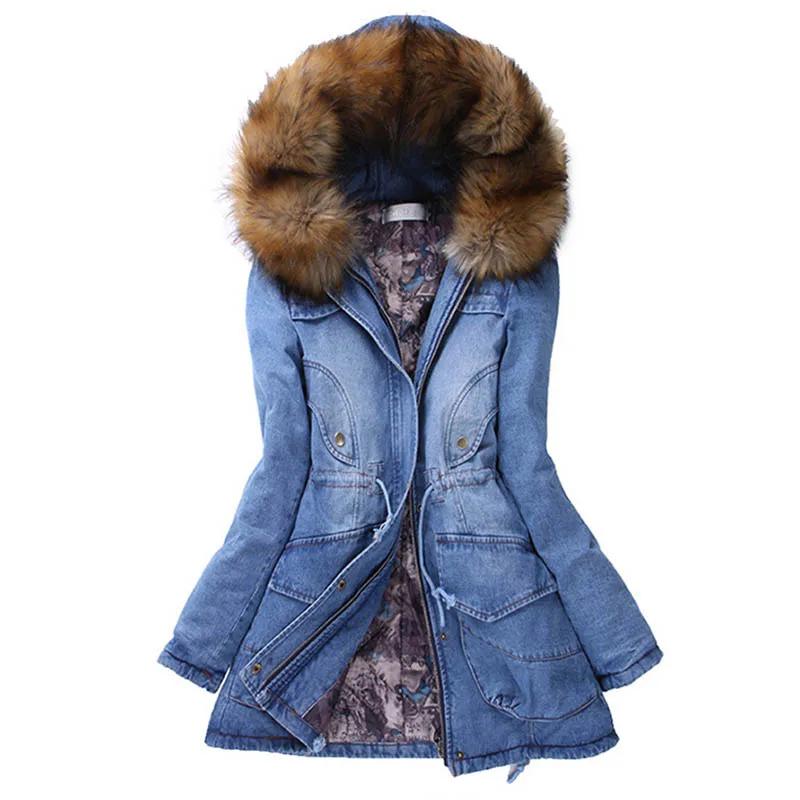 #*Cheap 2019 Parkas Female Women Winter Hooded Denim Coat Big Fur Collar Thickening Jeans Jacket Cotton padded Warm Parkas