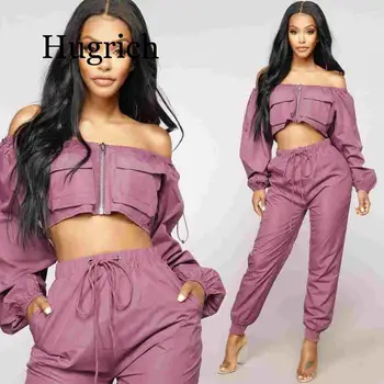 

2 Piece Set Crop Top And Harem Pants Sexy Off Shoulder Long Sleeve Woman Streetwear Two Piece Set Cargo Pants Casual Tracksuit