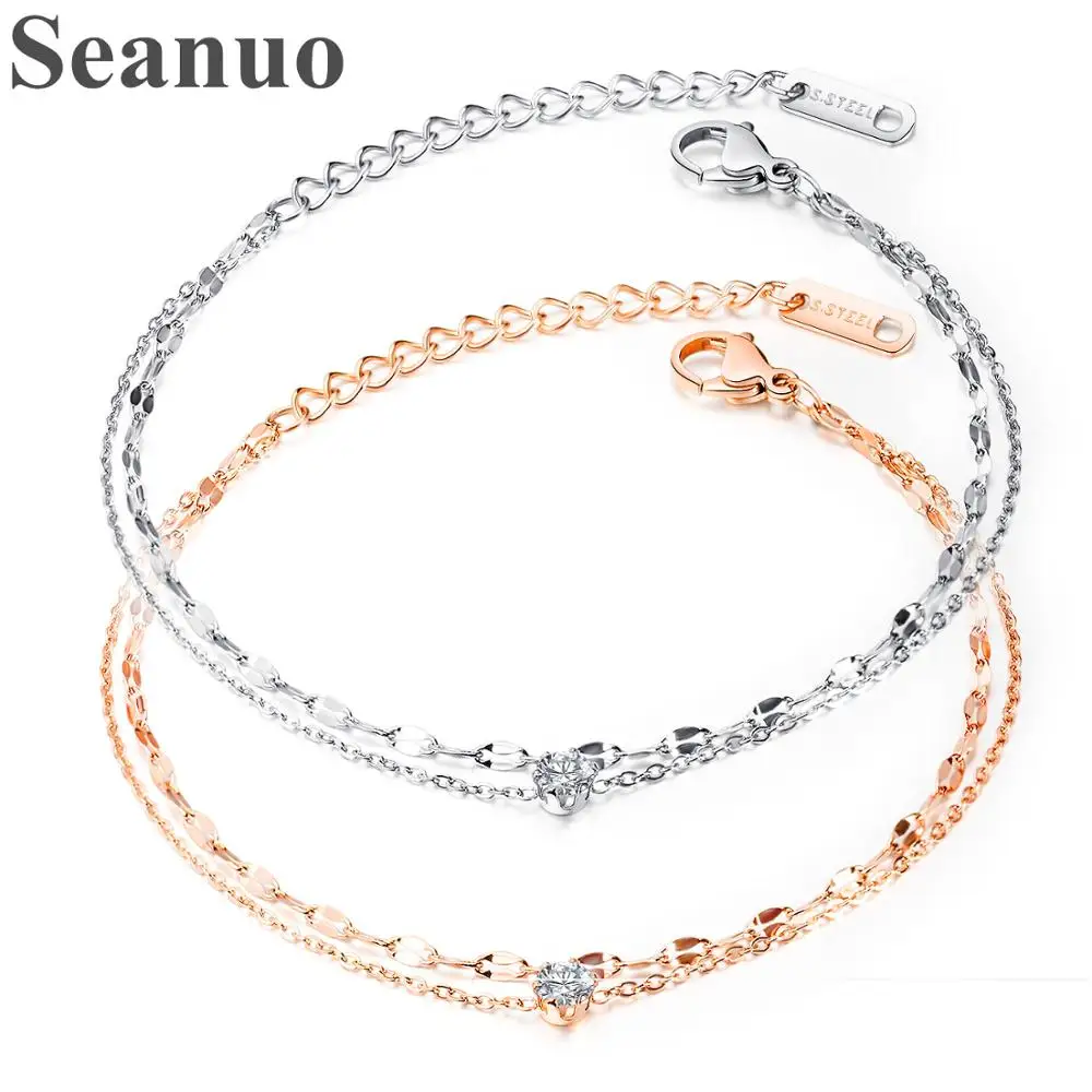 Seanuo серебро/розовое золото цепь двойное плетение CZ амулет, ручной браслет для женщин Свадебные романтические из нержавеющей стали женские браслеты для вечеринок