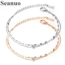 Seanuo серебро/розовое золото цепь двойное плетение CZ амулет, ручной браслет для женщин Свадебные романтические из нержавеющей стали женские браслеты для вечеринок