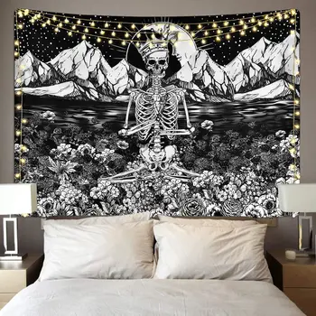 

Meditation Skeleton Tapestries Skull Floral Tapestry Mountain Wave Tapestry Moon and Star Halloween Decor 130*150cm/150*200cm