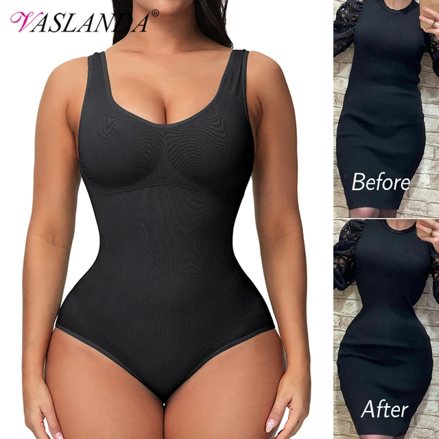 Vaslanda Women Thong Shapewear Bodysuit Tops with Built-in Bra Pads Smooth  Tummy Control Body Shaper 