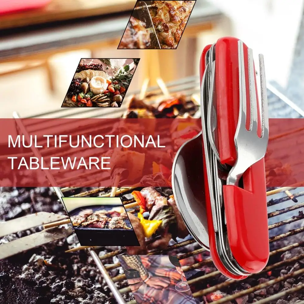 Foldable 4 in 1 Multifunctional Outdoor Tableware Stainless Steel Fork Spoon Knife Picnic Camping Hiking Travelling Dinnerware |