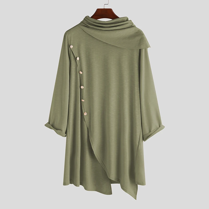 Army Green INCERUN, Ретро стиль, индийские мужские рубашки с длинным рукавом,, одноцветная водолазка, Мужская мусульманская одежда, Необычные Длинные рубашки, S-5XL 7 - Цвет: Army Green