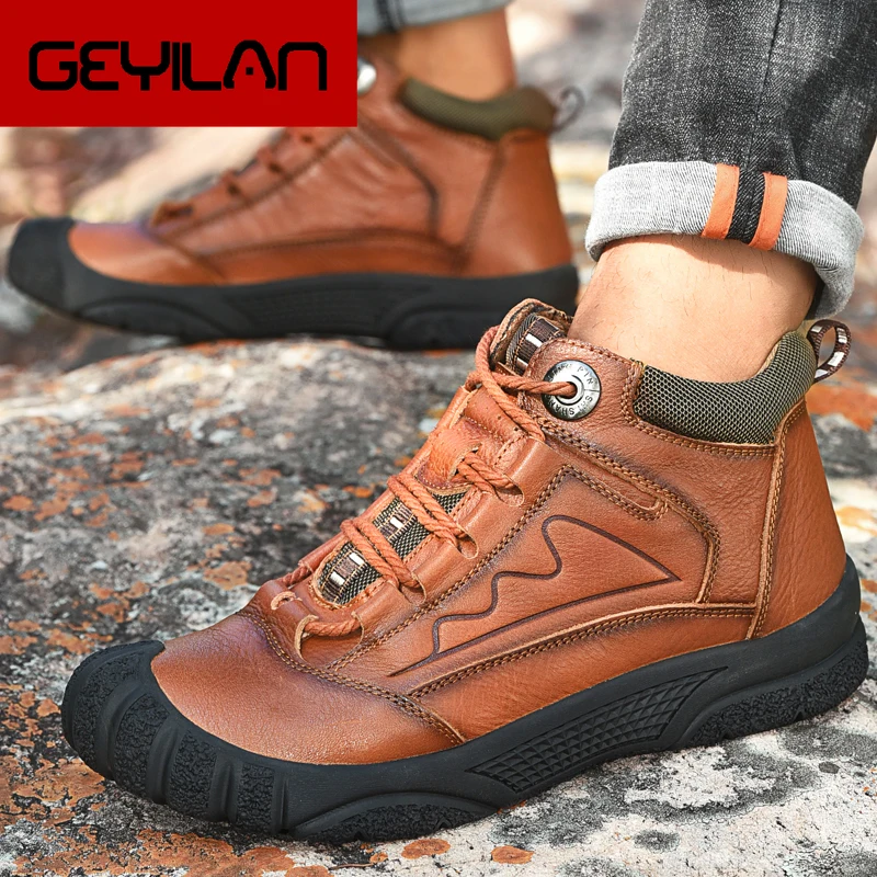 

Winter Men's Boots outdoor genuine Leather Warm Leisure Shoes British Round Toe Short Plush Ankle Boots Fur snow boots men o4