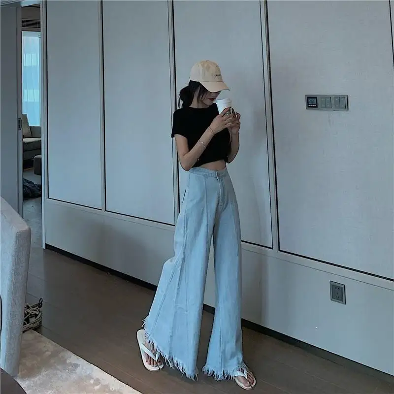 Fashion High Waist Tassel Wide Leg Pants Korean Women Blue Loose Flare Pants Button Bell Bottom Long Pockets Jeans
