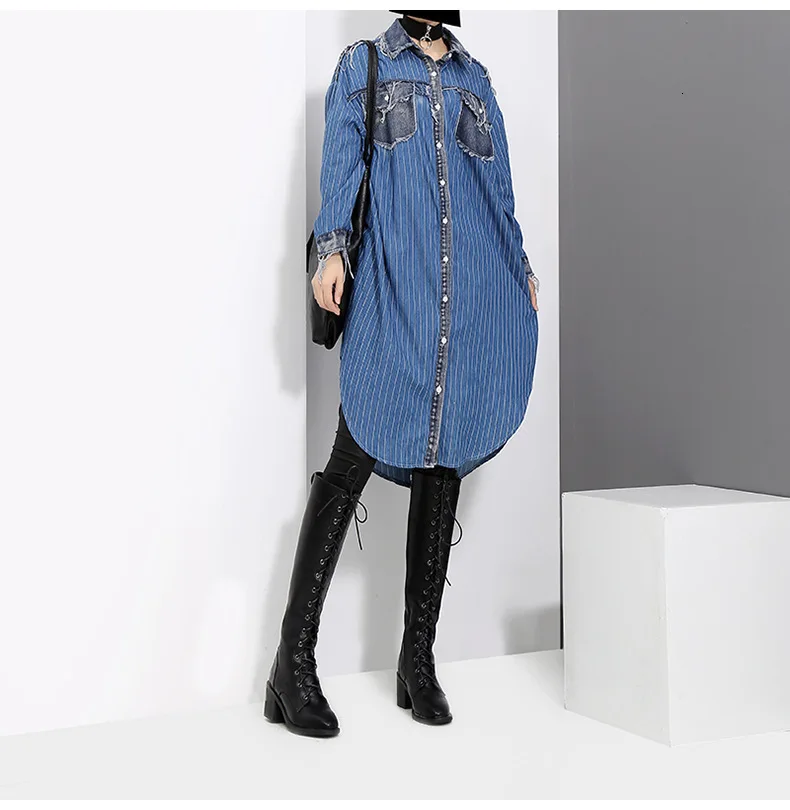 [EAM] Women Blue Striped Denim Big Size Shirt Dress New Lapel Long Sleeve Loose Fit Fashion Tide Spring Autumn 19A-a282