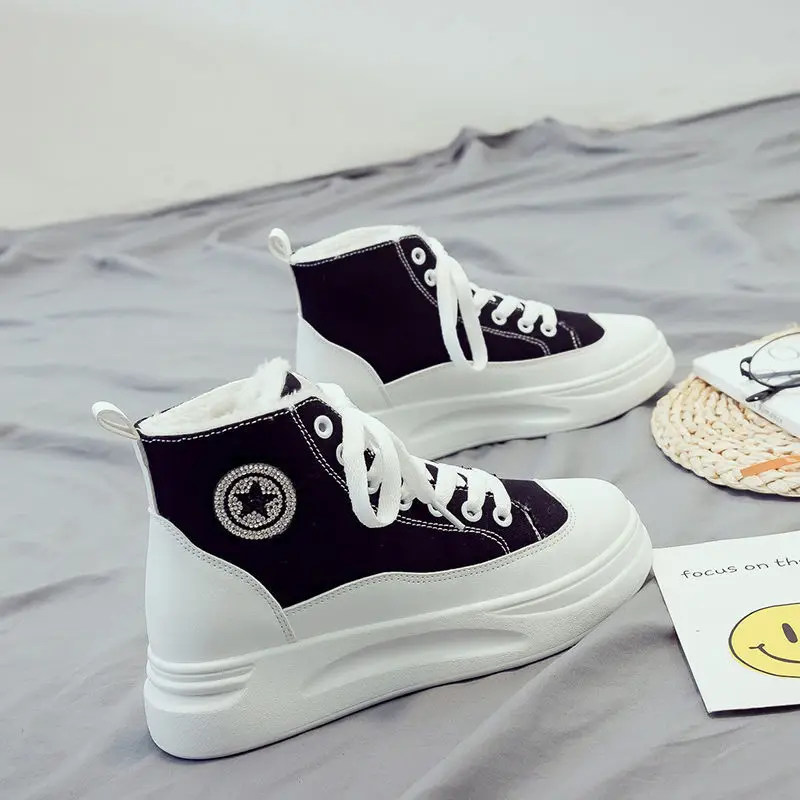 

High top plus velvet canvas shoes women's sneakers new trend ins wild