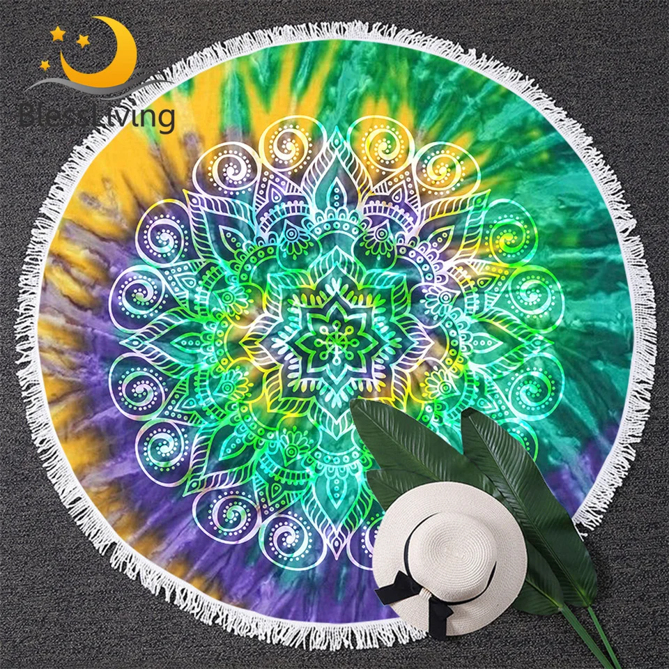 

BlessLiving Tie Dye Round Beach Towel Lotus Flower Picnic Mat Bohemia Mandala Yoga Mat With Tassels Yellow Purple Green Tapestry