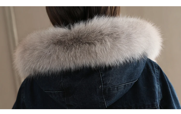 Бархатная Толстая джинсовая куртка, роскошный воротник из лисьего меха, шапка, Базовая куртка, зимняя теплая Свободная Женская куртка из овечьей шерсти, новое длинное пальто