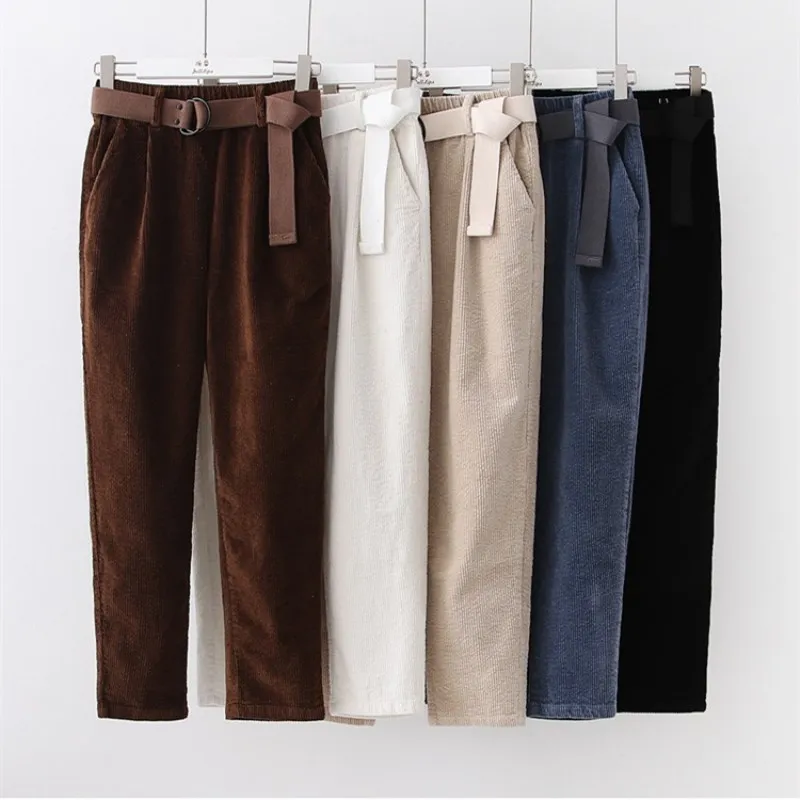 Online Pantalones de pana Harem pantalones Otoño Invierno mujer pantalones elásticos cintura fajas Casual negro pantalones mujer cintura alta