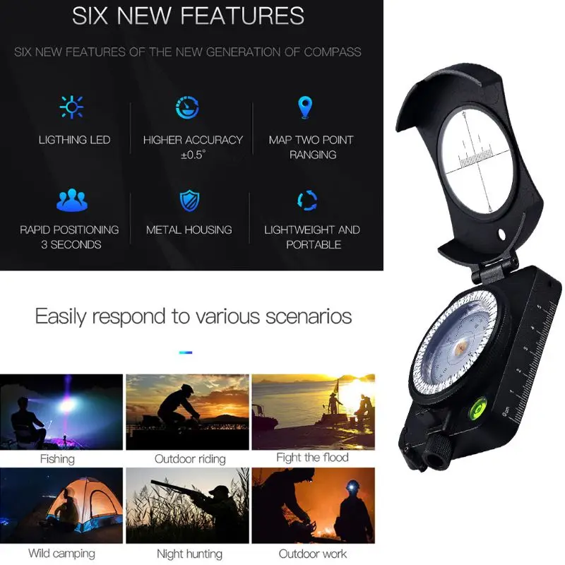 LED luminous black compass flip instrument map pulley measuring for Map ranging azimuth night illumination A6HC