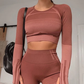 

Gymkm Sexy Women New Sport Suits Workout Fitness Lady Sportswear Long Sleeve High Stretc Waist Running Training Sets Yoga Top