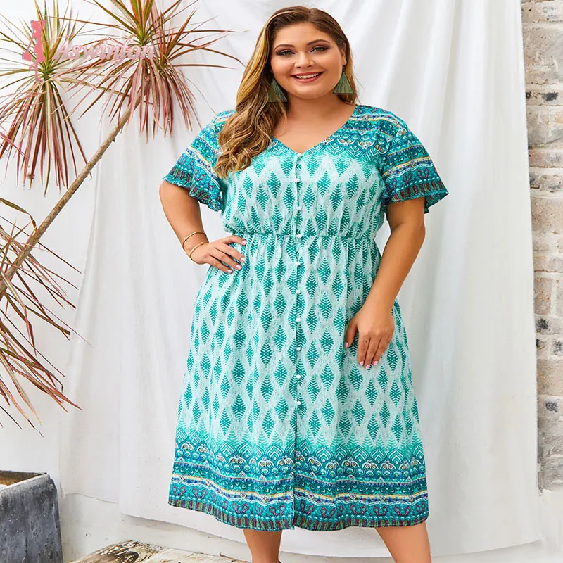 

Aswinfon Plus Size Summer Dress For Women Half Sleeve V-neck Loose Casual Button Up Elegant Printed Floral Midi Sundress Dresses