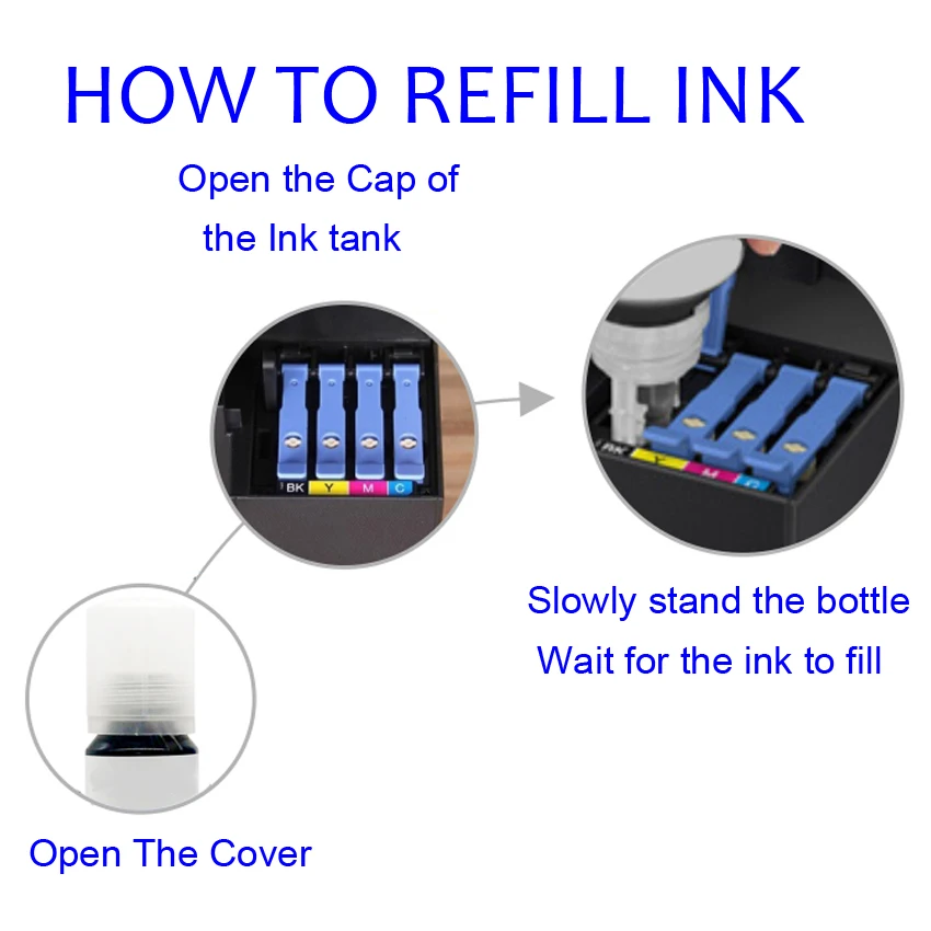Universal Ink Bottle for Epson Ecotank Printer L3110 L4160 L6190 L3150 ET-8550 L8160 L8180 L8050 101 103 105 502 522 544 T552 dye ink kit ink refill kit dye ink refill inkjet printer ink ink cartridge refill kit ink refill printer uv ink