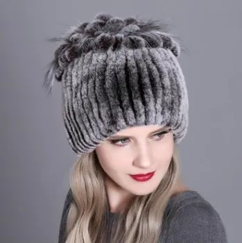

Hot Sale Russian Women Winter Real Rex Rabbit Fur Hats Floral Warm Natural Rex Rabbit Fur Caps Knitted Lady Top With Fox Fur Hat