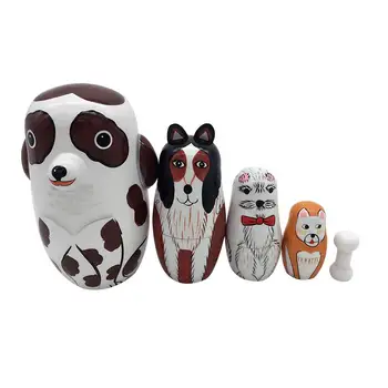 

5Pcs/Set Schima Superba Hand Painted Dotted Dog Animal Nesting Dolls Matryoshka Figurines Toy Kids Doll Playsets Birthday Gift