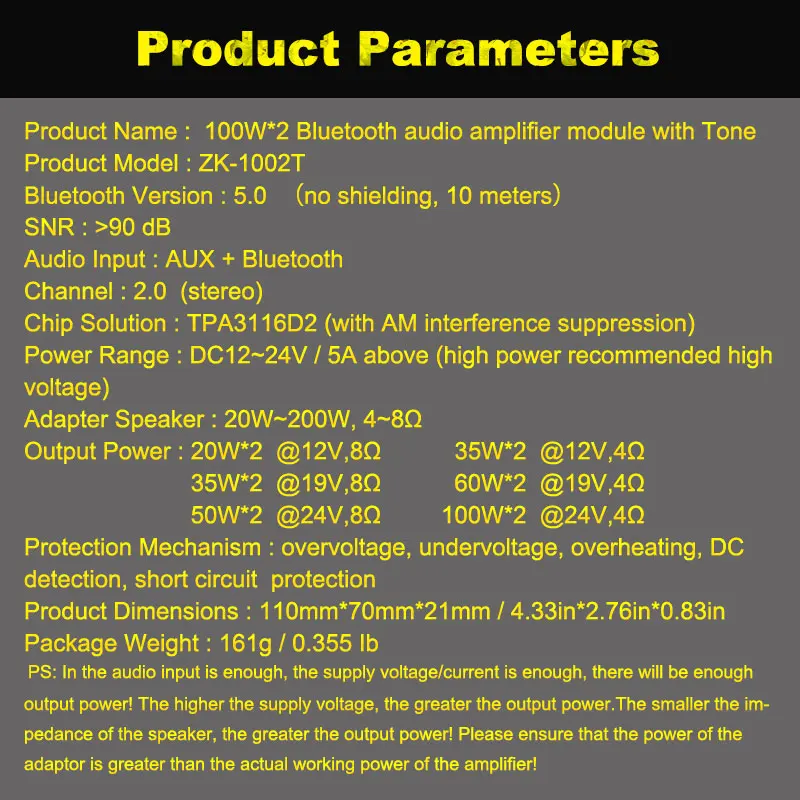 2*100W Dual TPA3116 Bluetooth 5.0 Subwoofer Audio Digital Power Amplifier Board Tone Bass Treble HiFi Stereo TPA3116D2 Aux Amp