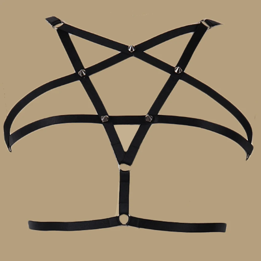 

Pentagram Goth Rivet Body Harness Cage Bra Fetish Black Sexy Lingerie Star Bondage Harness Bra Edgy Suspender Belt