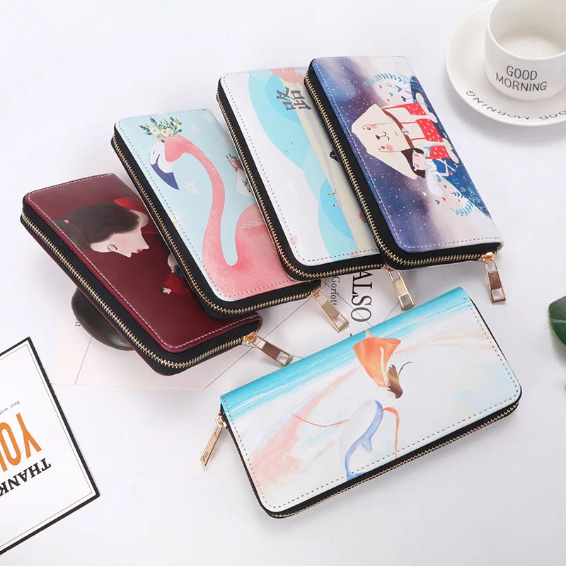 

New Style Genuine Beautiful Illustration Printed Women's PU Leather Copper Zipper dan la bao Clutch Bag Mobile Phone Bag Wallet