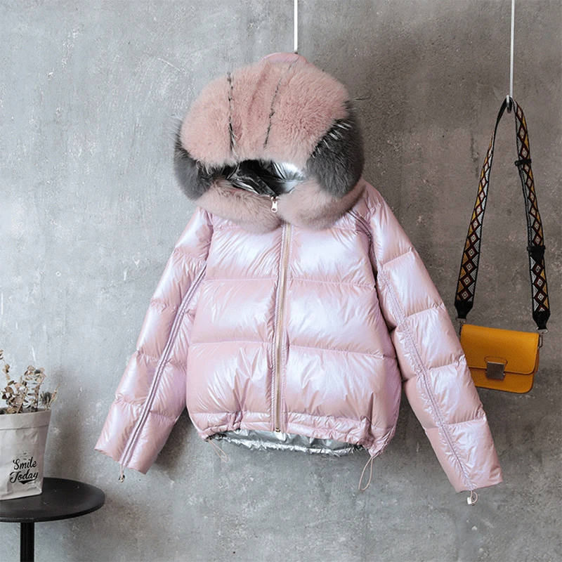 

Plus Size Real Fox Fur Collar Winter Puffer Jacket Women Loose Short Coat Female White Duck Down Thick Warm Parka Harajuku Coats