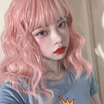 

BUQI 16"long Wigs Pink Dark Blue Bangs Water Wave Short Natural Wavy Synthetic Bob Curly Women Cosplay Daily Lolita Party