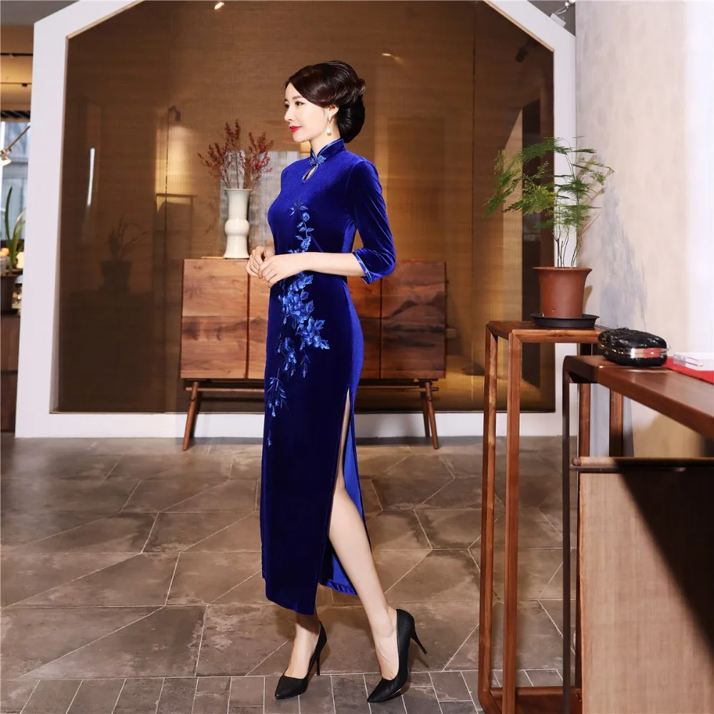 Шанхай история бархат Cheongsam китайское платье вышивка Qipao длинное