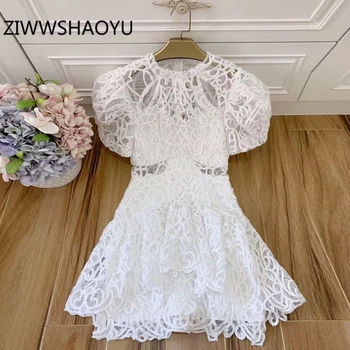 

ZIWWSHAOYU Runway Summer Elegant Hollow Out Embroidery White Dress Women's Puff Sleeve Sexy Expose Waist Party Mini Dresses